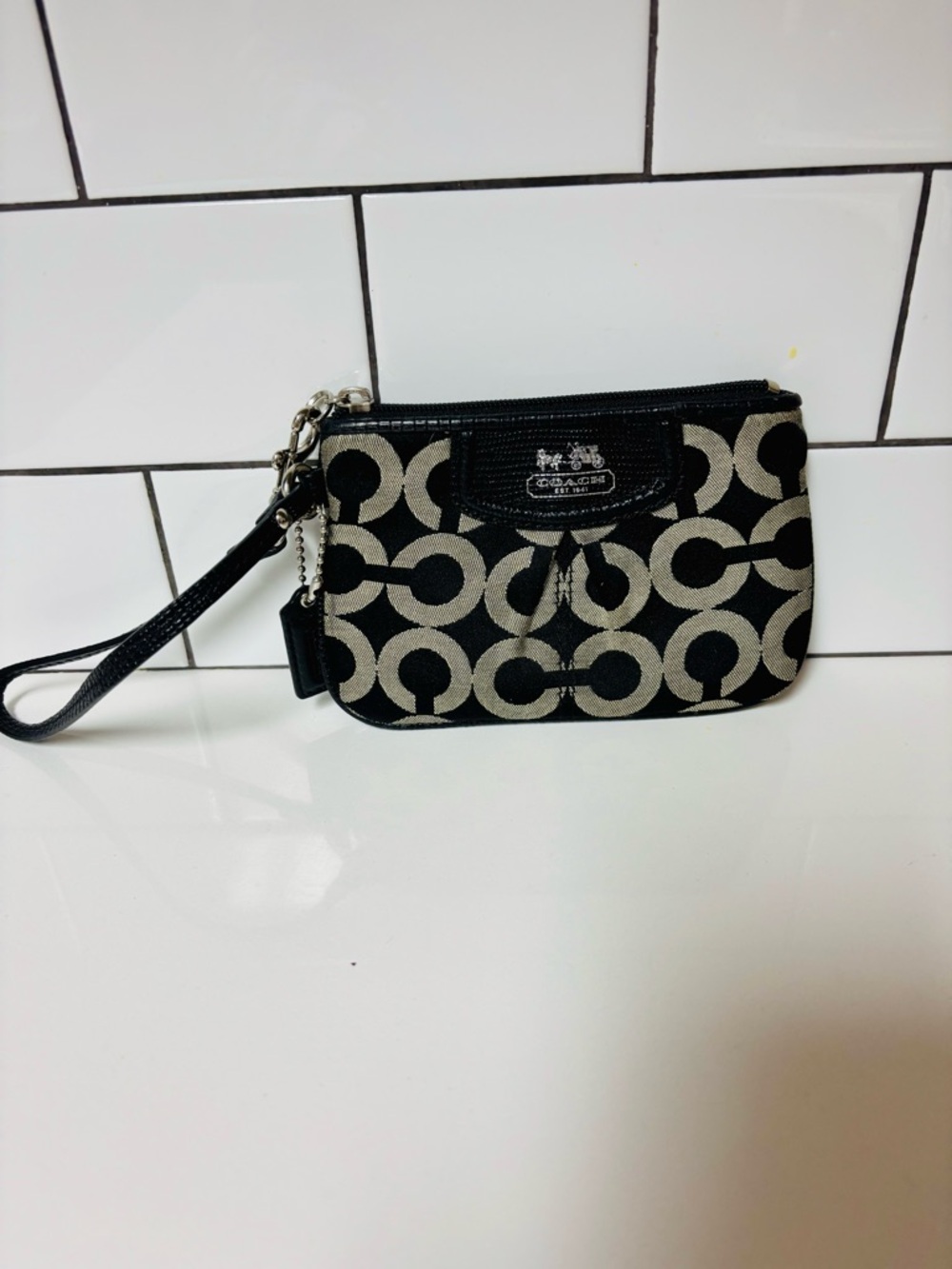 Coach Black & Khaki Signature Wristlet Pouch